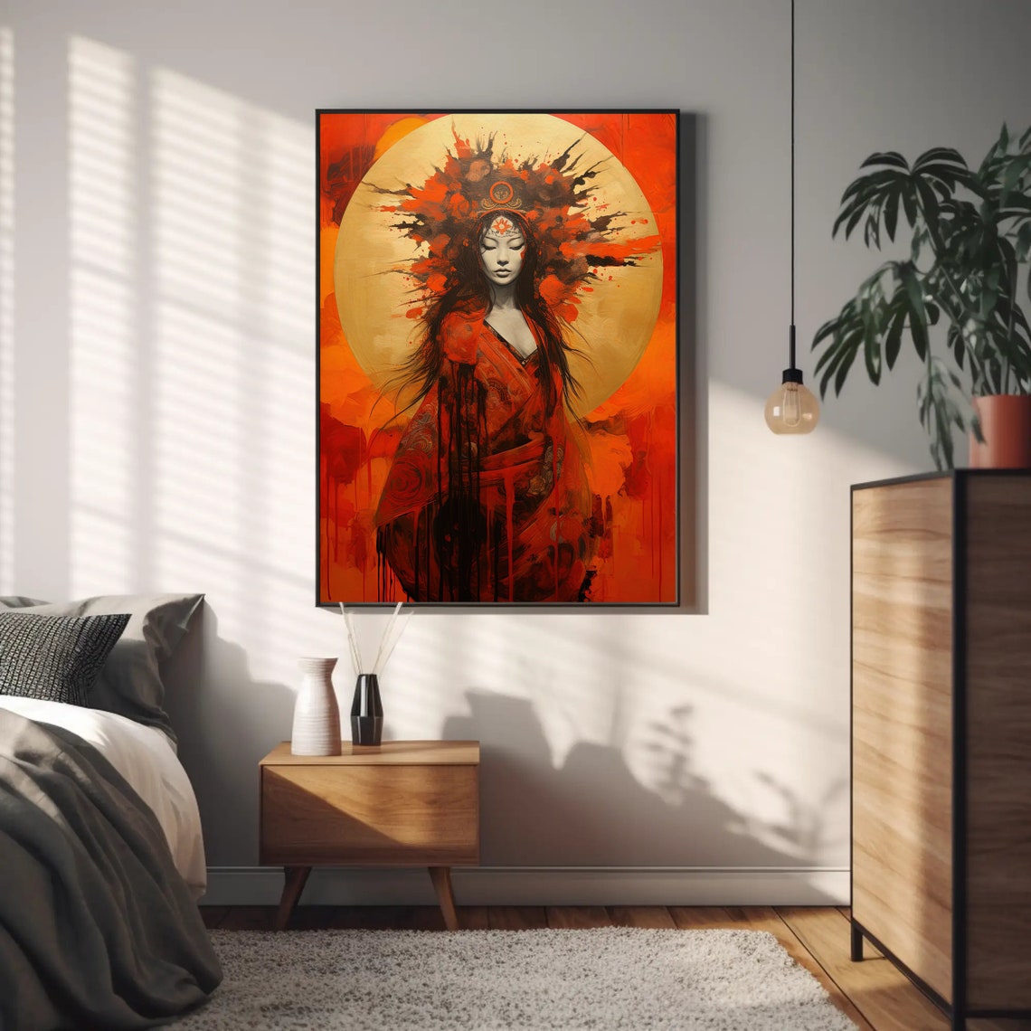 Amaterasu Japanese Sun Goddess Red Kimono Golden Radiance Wall Art - Image 2