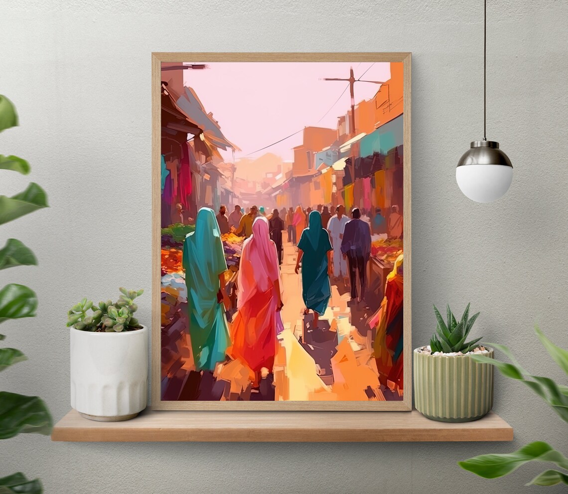 Busy Indian Street Market With Women in Colorful Saris Poster - Image 4