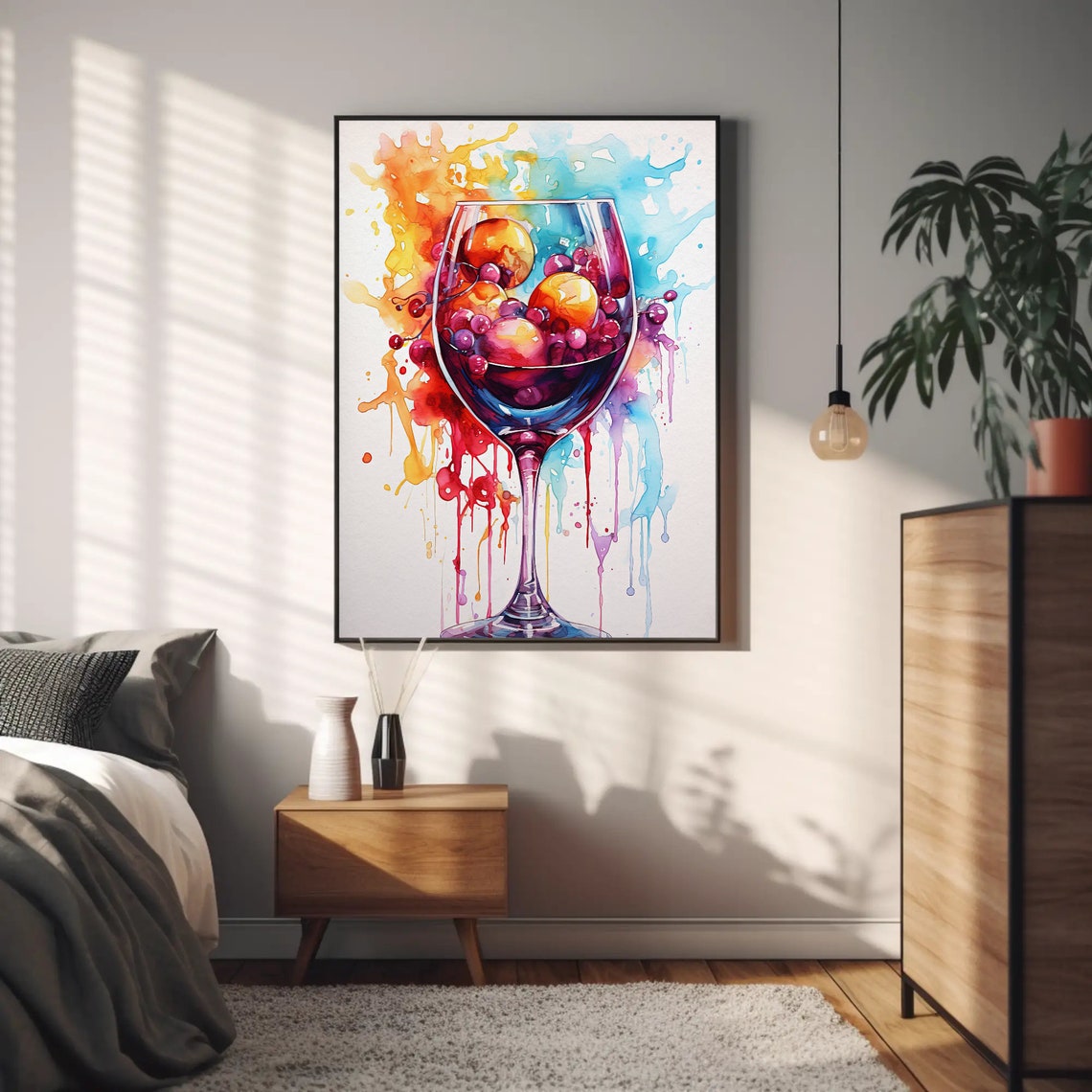 Wine Glass With Fruits Colorful Watercolor Splash Kitchen Wall Art - Image 2