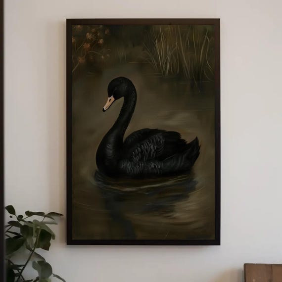 Dark Moody Vintage Black Swan Print Elegant Gothic Wall Art Framed Swan Painting For Man Cave Or Living Room Ready To Hang