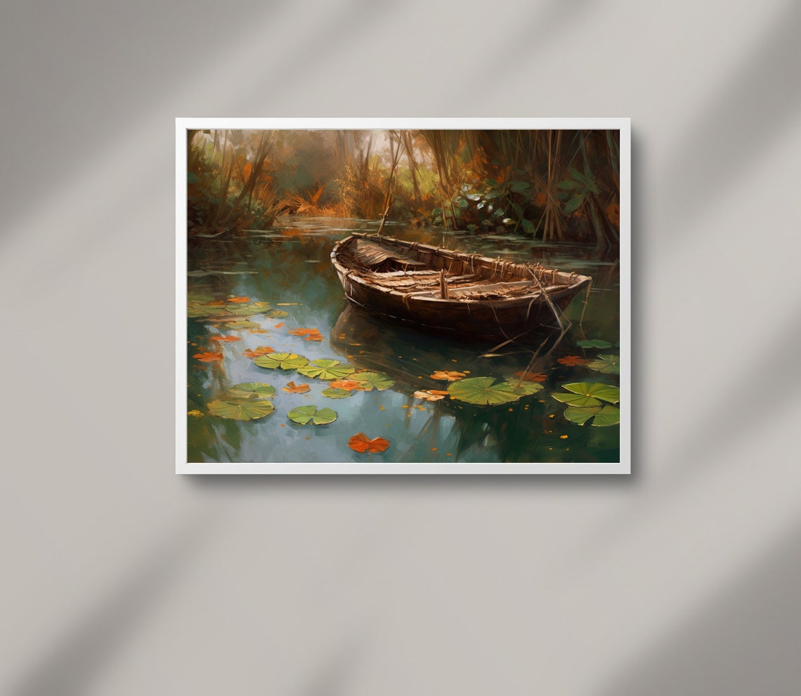 Weathered Wooden Boat Resting Among Lily Pads on Still Water Poster - Image 2