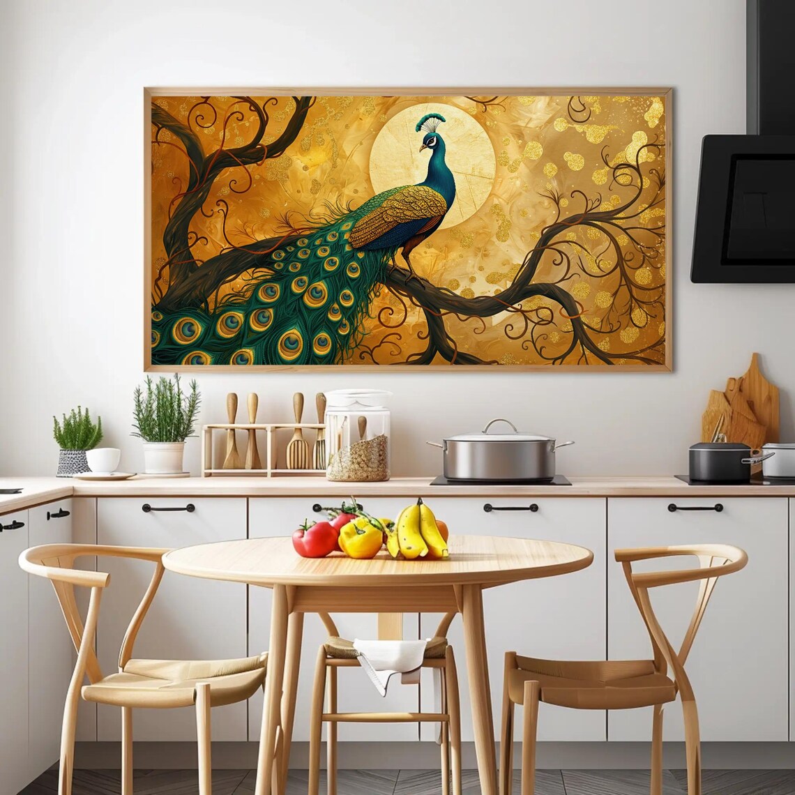 Peacock On Branch Under Golden Moon Ornate Bird Painting Poster - Image 4