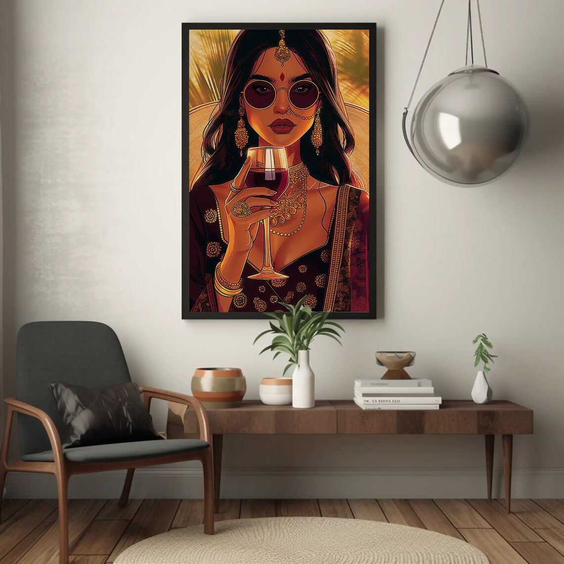 Stylish Indian Woman Drinking Wine Poster Print - Image 4