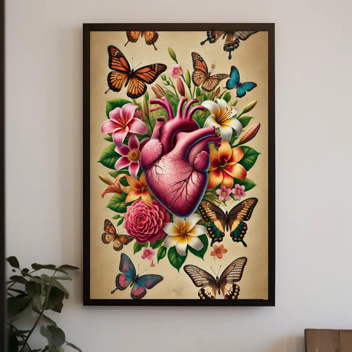 Anatomical Heart With Flowers And Butterflies Vintage Art Poster