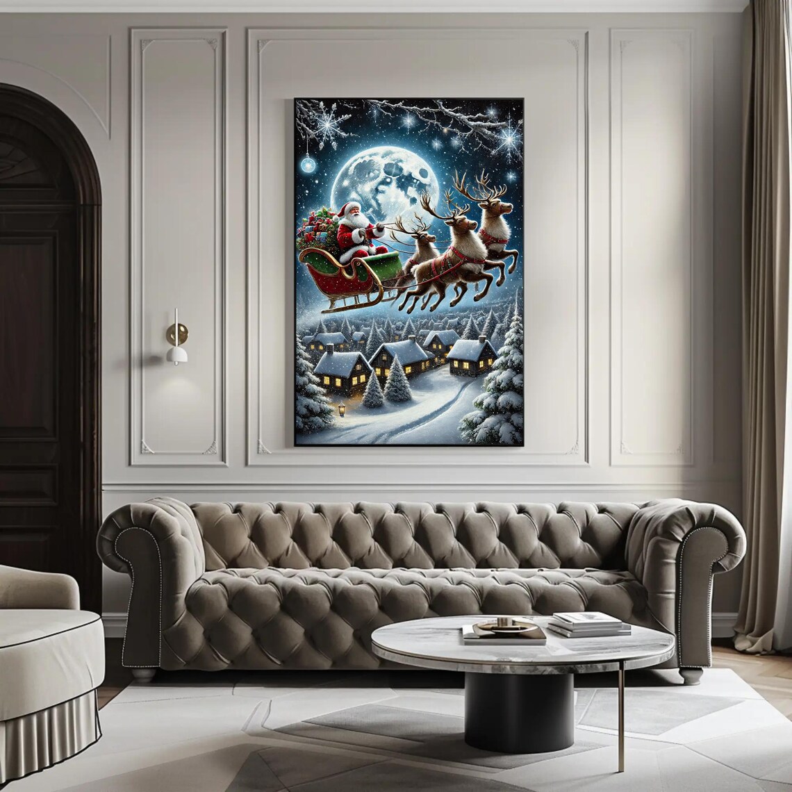 Santa Claus Sleigh Ride Over A Moonlit Snowy Village Night Poster - Image 5