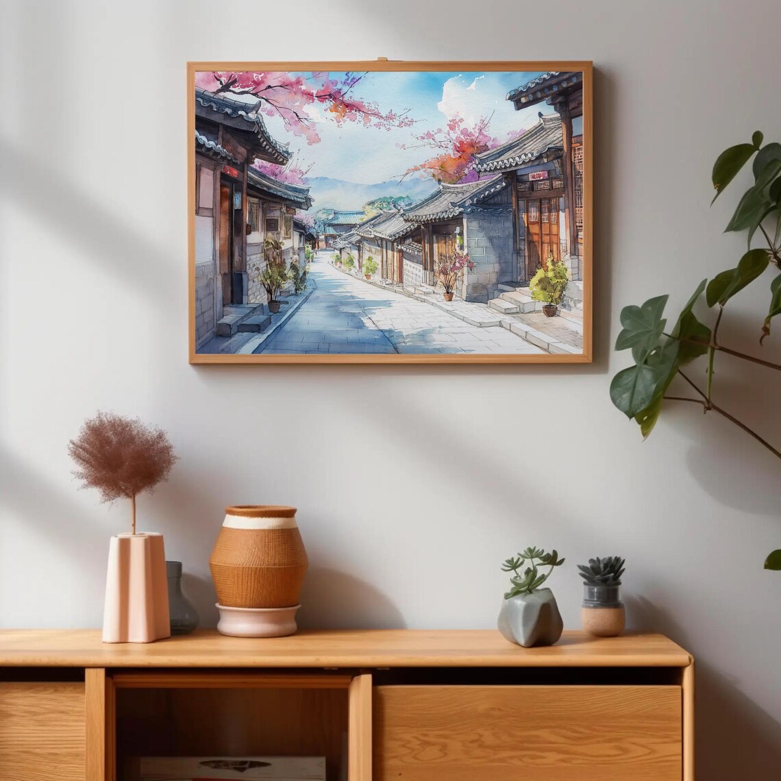 Korean Hanok Street With Cherry Blossoms Watercolor Travel Poster - Image 3