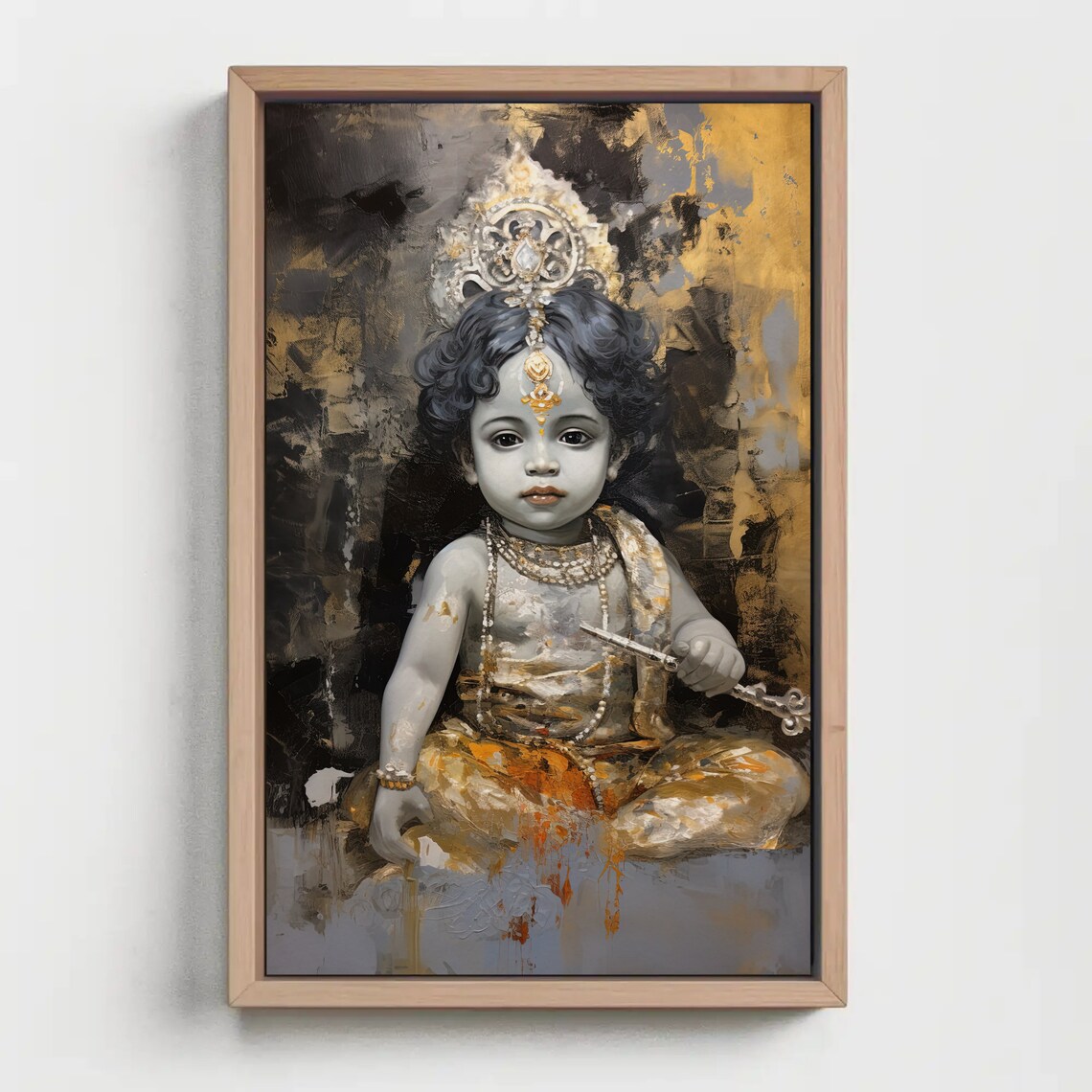 Baby Krishna in Gold and Black Hindu Deity Portrait Art Poster - Image 5