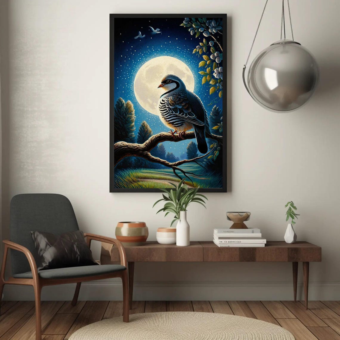 Partridge Perched On Branch Beneath Full Moon Night Sky Poster - Image 4