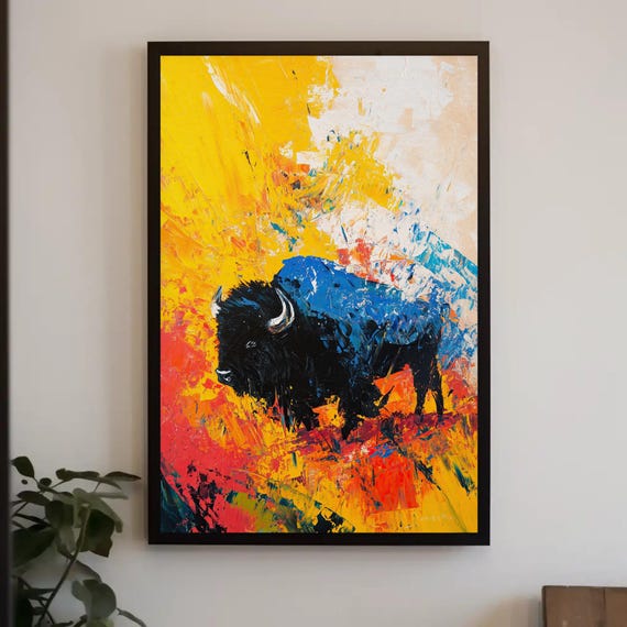 Bison Vibrant Abstract Oil Painting Print Bold Wildlife Wall Art Rustic Western Decor Colorful Nature Artwork Ready To Hang