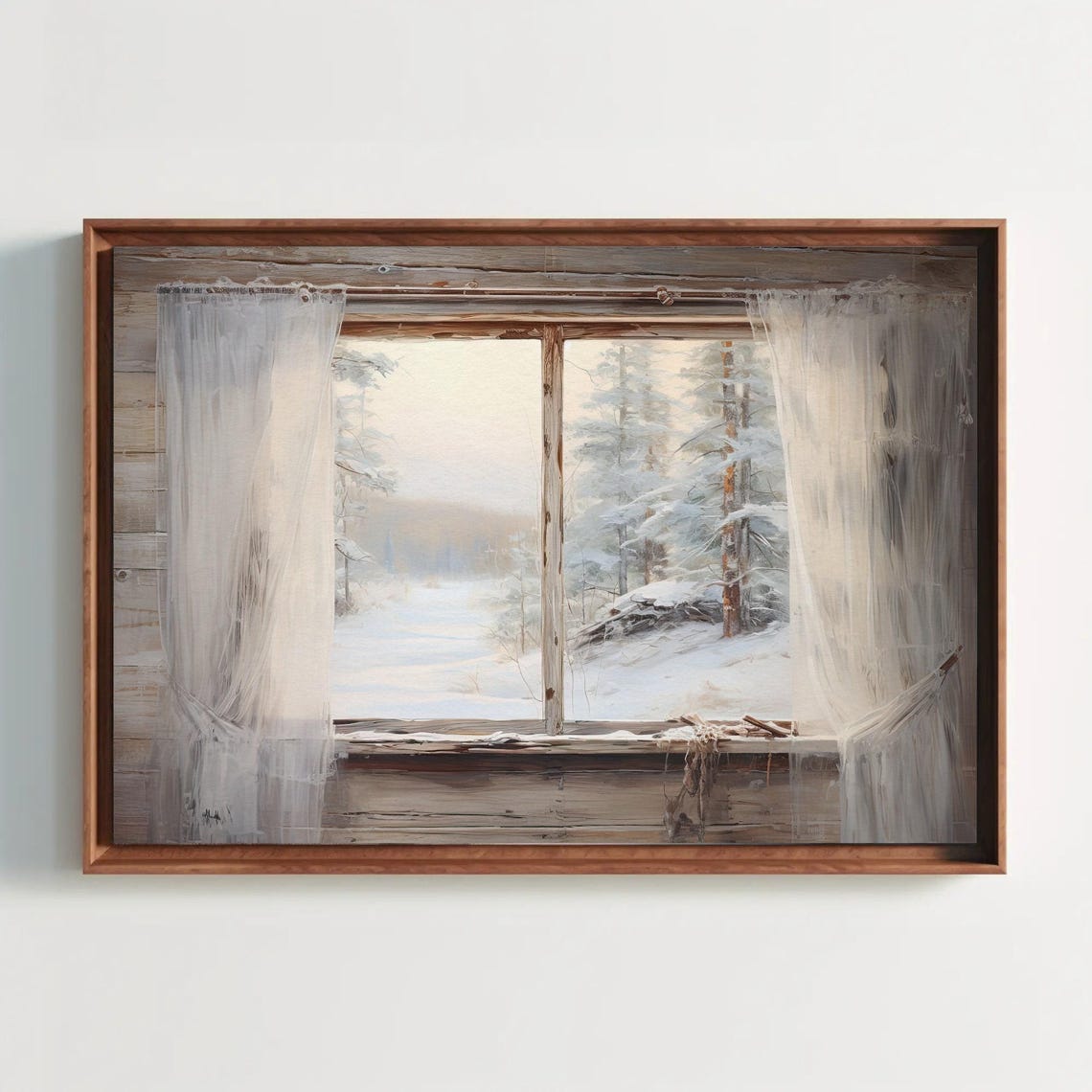 Frosty Cabin Window with Sheer Curtains Over Snowy Pines Poster
