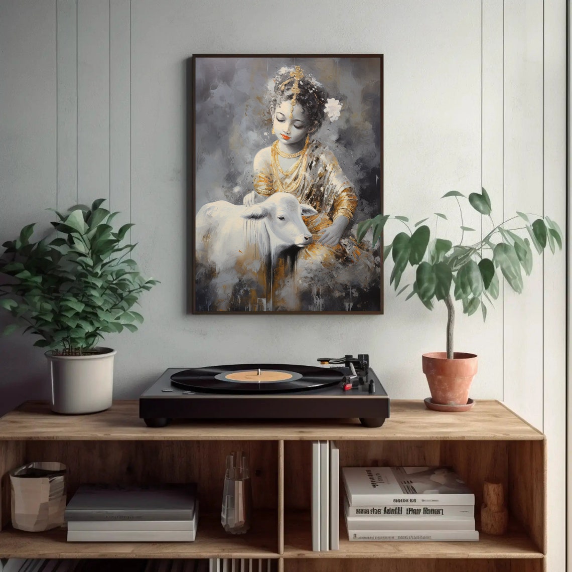 Child Krishna With White Cow Golden Grey Devotional Art Poster - Image 2