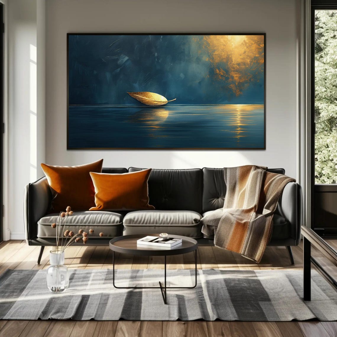 Golden Leaf Floating On Dark Blue Sea Minimalist Zen Calm Poster - Image 3