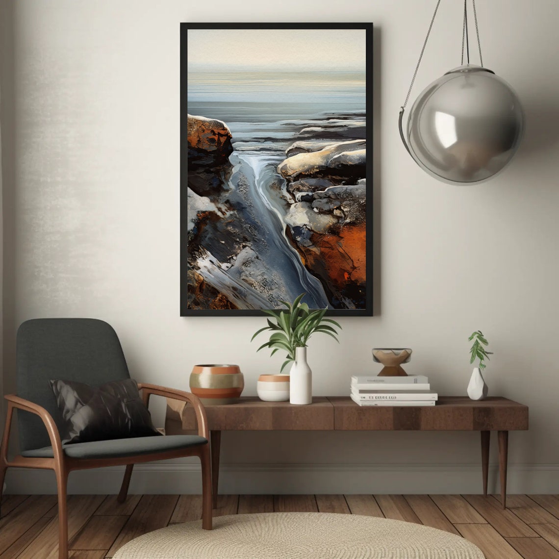 Abstract Rocky Coastline With Waves in Rust and Blue Art Poster - Image 5