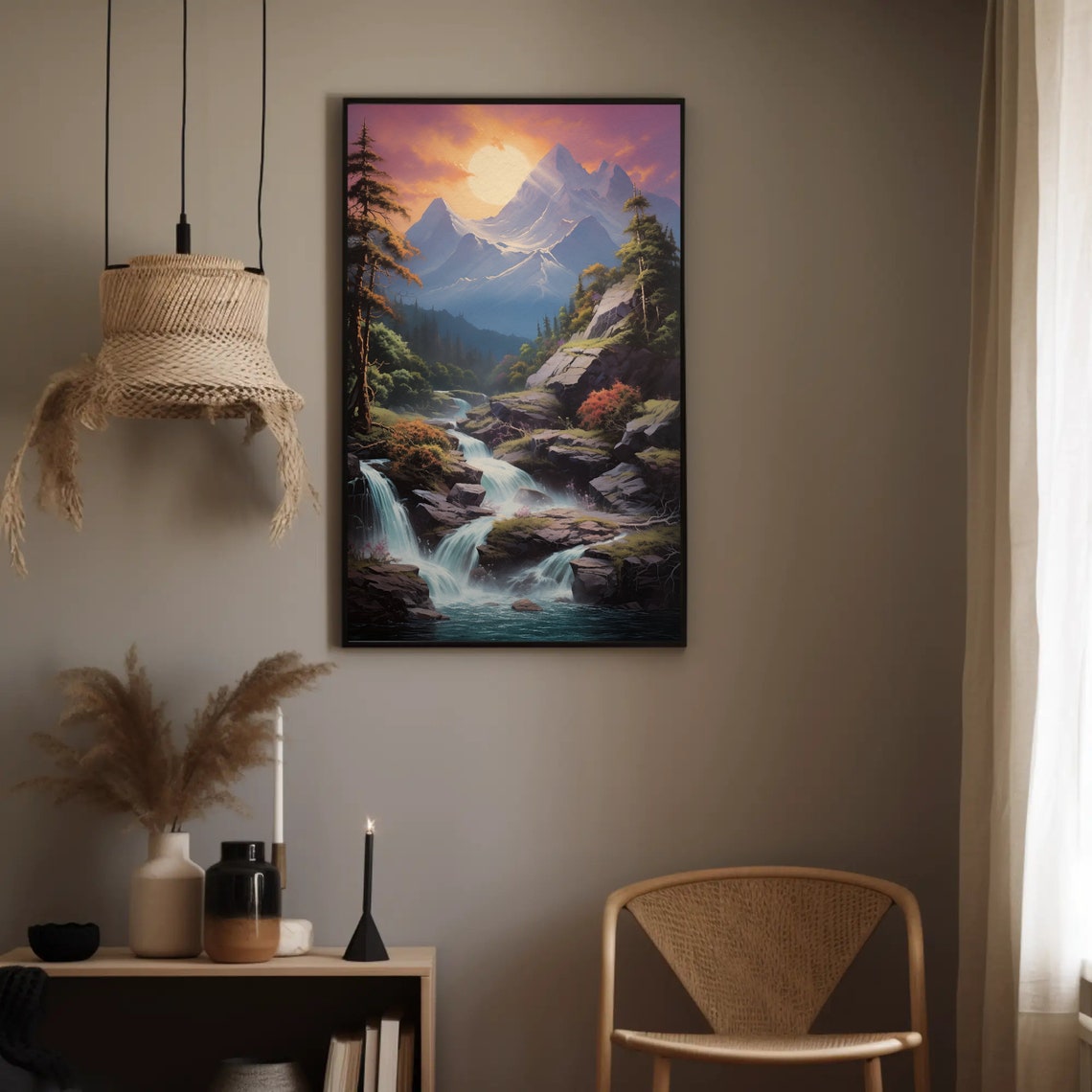 Mountain Sunset Waterfall Wall Art Vertical Forest Landscape Print Nature Decor For Living Room Bedroom Office - Image 4
