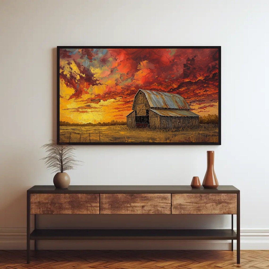 Weathered Wooden Barn Fiery Orange Sunset Sky Oil Painting Poster - Image 2