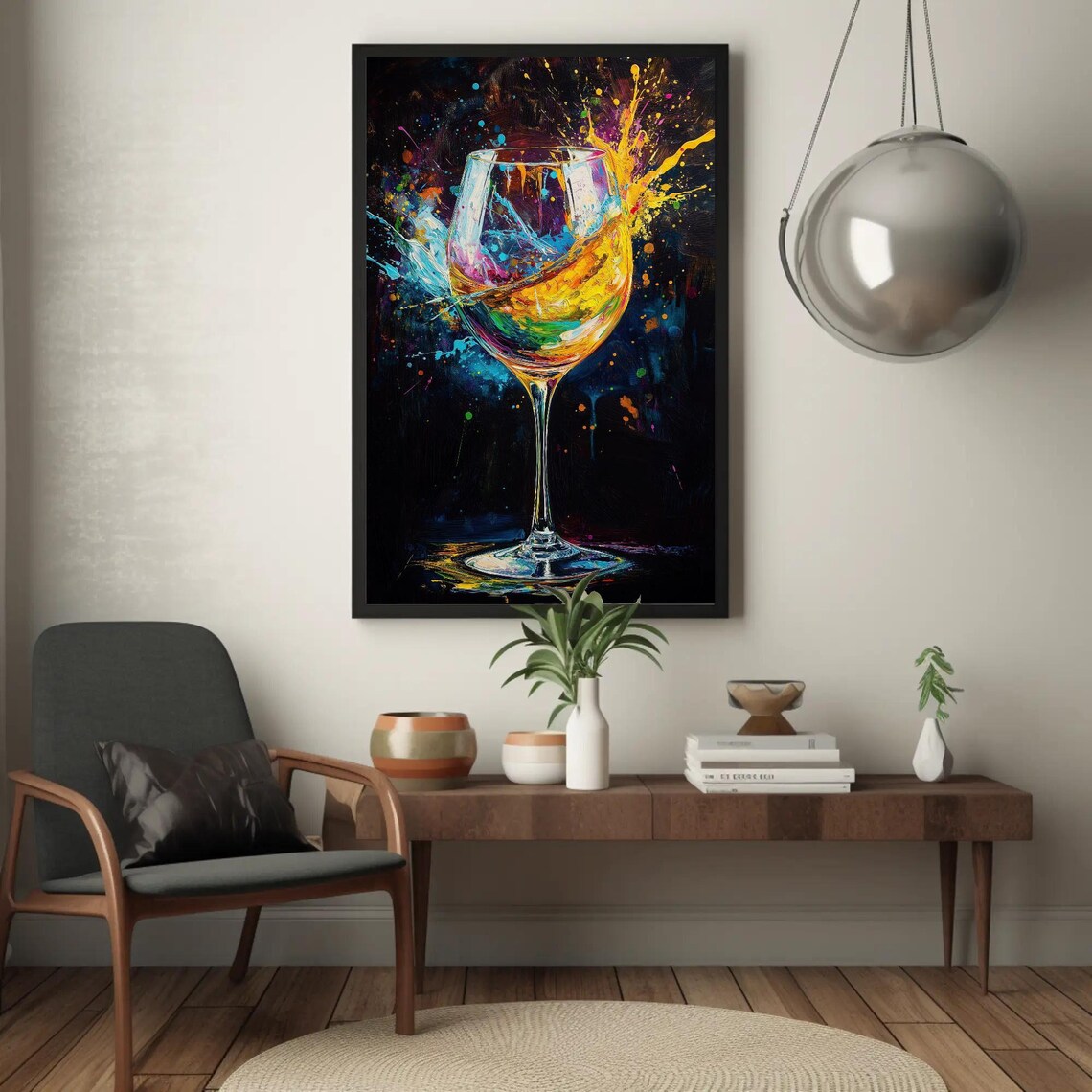 Vibrant Wine Glass Swirling with Colorful Paint Splash Art Poster