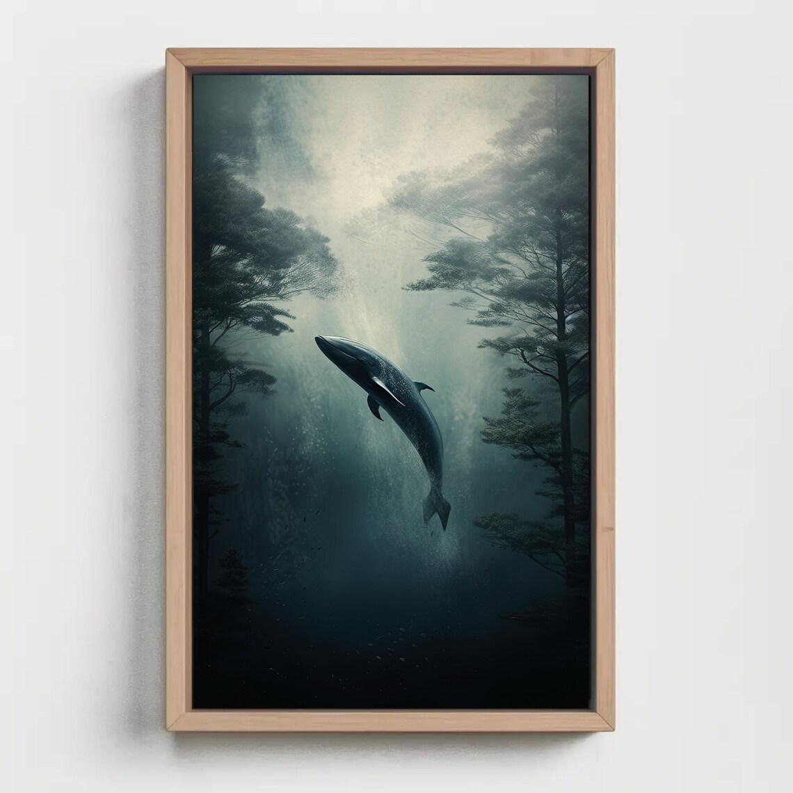 Whale Leaping in Foggy Forest Surreal Nature Oil Painting Poster - Image 4