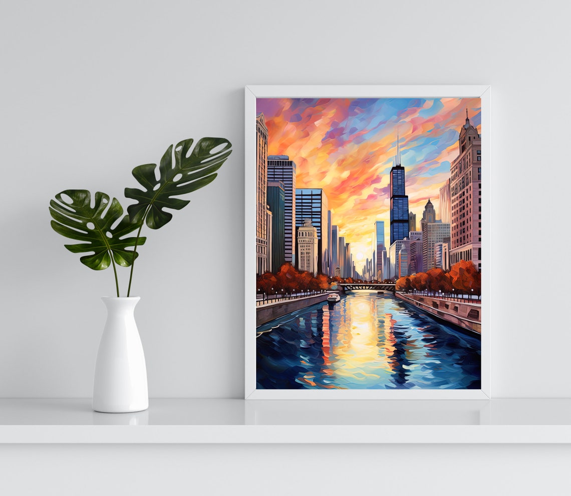 Chicago River Skyline Glowing Sunset Watercolor Style Poster - Image 3