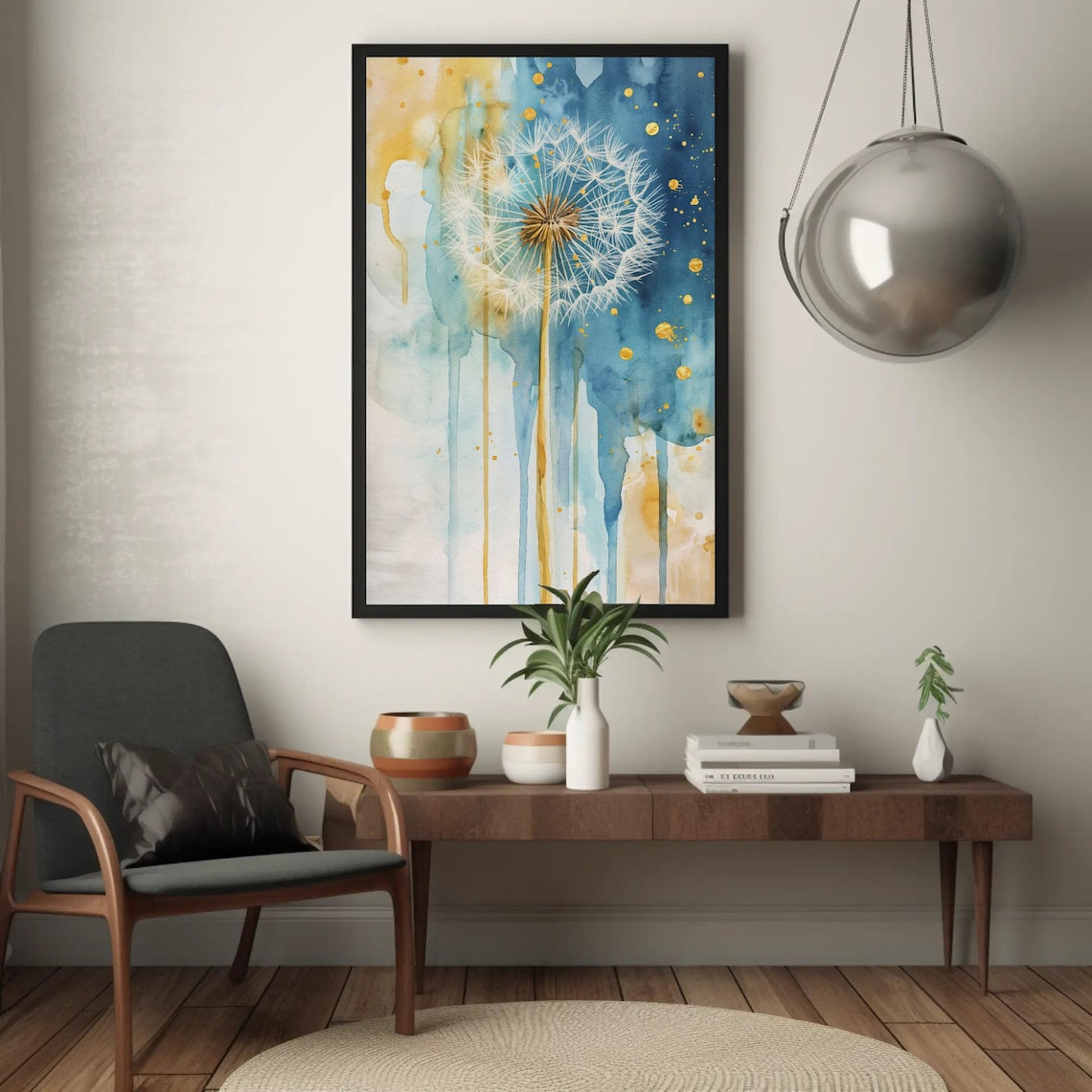 Gold Indigo Dandelion Watercolor Botanical Drip Painting Poster