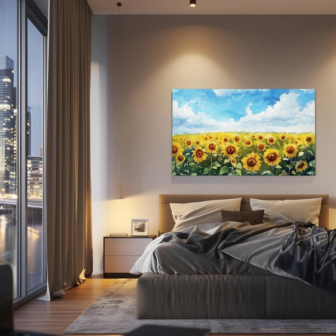 Sunflower Field Under Blue Sky Watercolor Floral Bloom Poster - Image 2