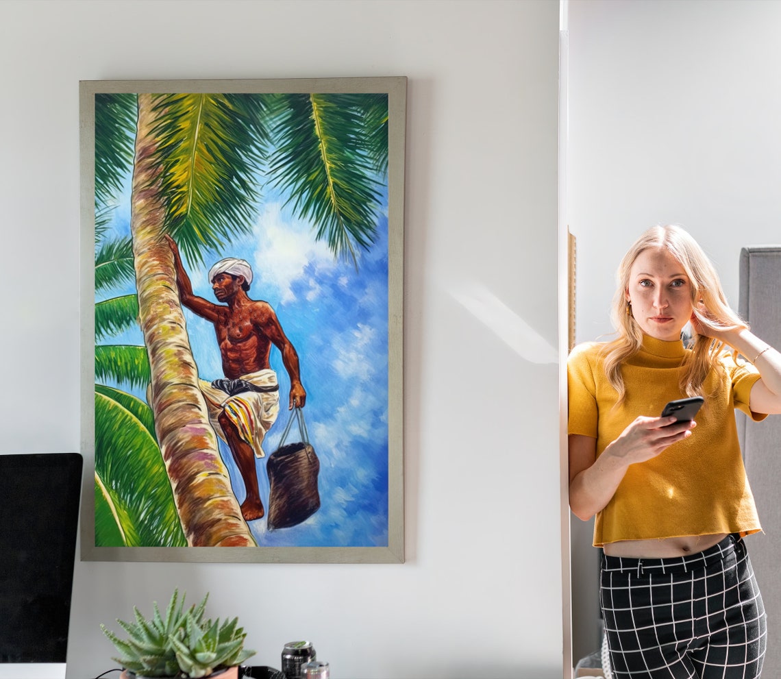 Coconut Tree Climber Kerala Toddy Collector Print Watercolor Art Kerala Home Decor South Indian Painting Kerala Oil Painting Kerala Art - Image 3