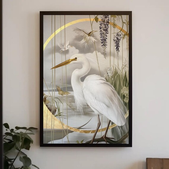 White Egret Wall Art Bird Print Bird Wall Art White Bird Decor Modern Elegant Luxury Wall Decor Gold And White Bird Lover Art