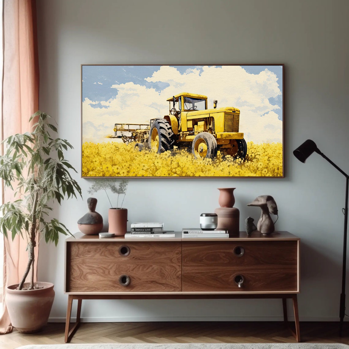 Vintage Yellow Tractor in Mustard Field Farm Painting Poster - Image 3