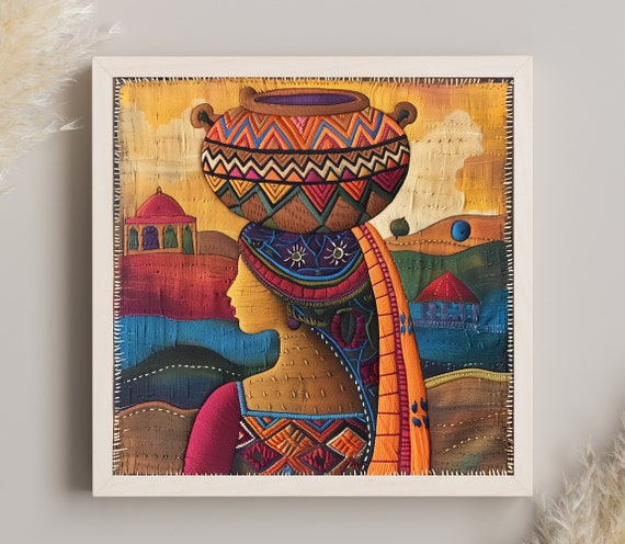 Indian Woman Carrying A Pot Embroidery Style Print Indian Square Wall Art Indian Painting Modern Unique Indian Art Gift