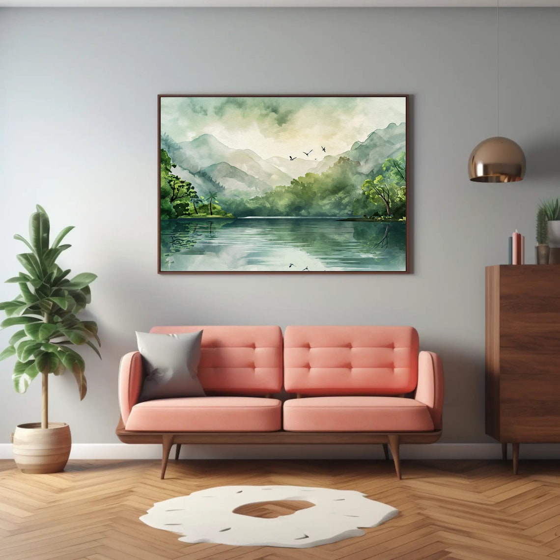 Tropical Forest Lake Mirror Reflection Serene Watercolor Poster - Image 3