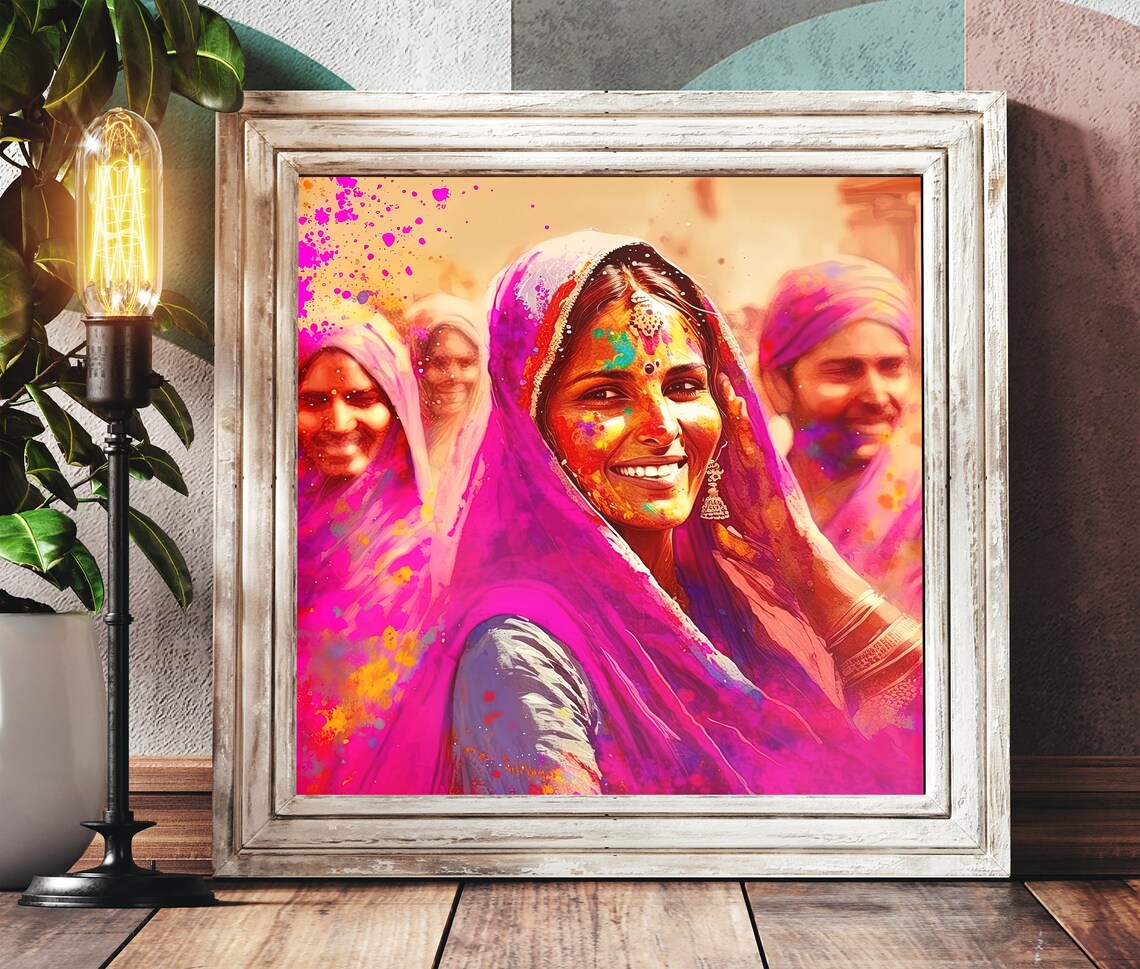 Smiling Indian Woman Dusted With Bright Holi Color Powder Poster