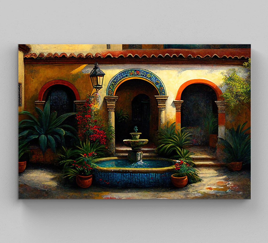 Mexican Courtyard Garden Oil Painting Art Print