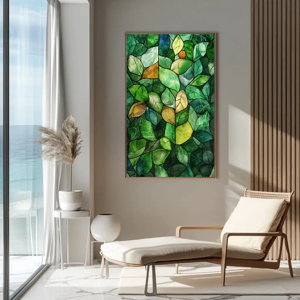 Green Stained Glass Leaves Botanical Watercolor Decor Poster - Image 4