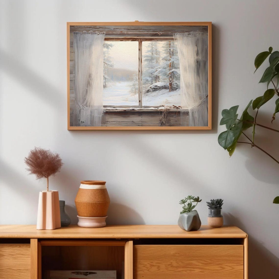 Frosty Cabin Window with Sheer Curtains Over Snowy Pines Poster - Image 4
