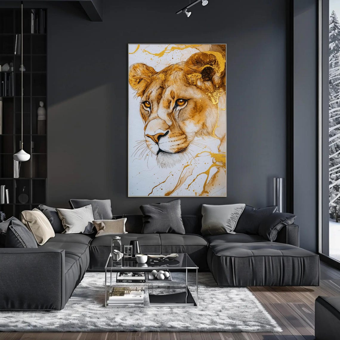 Golden Lioness In Profile Abstract Gold Alcohol Ink Splash Poster - Image 2