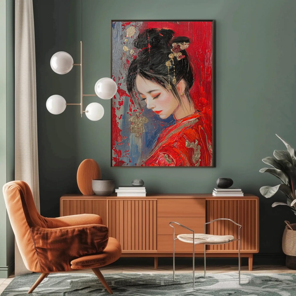 Elegant Chinese Woman In Red Dress Abstract Impasto Portrait Poster - Image 3