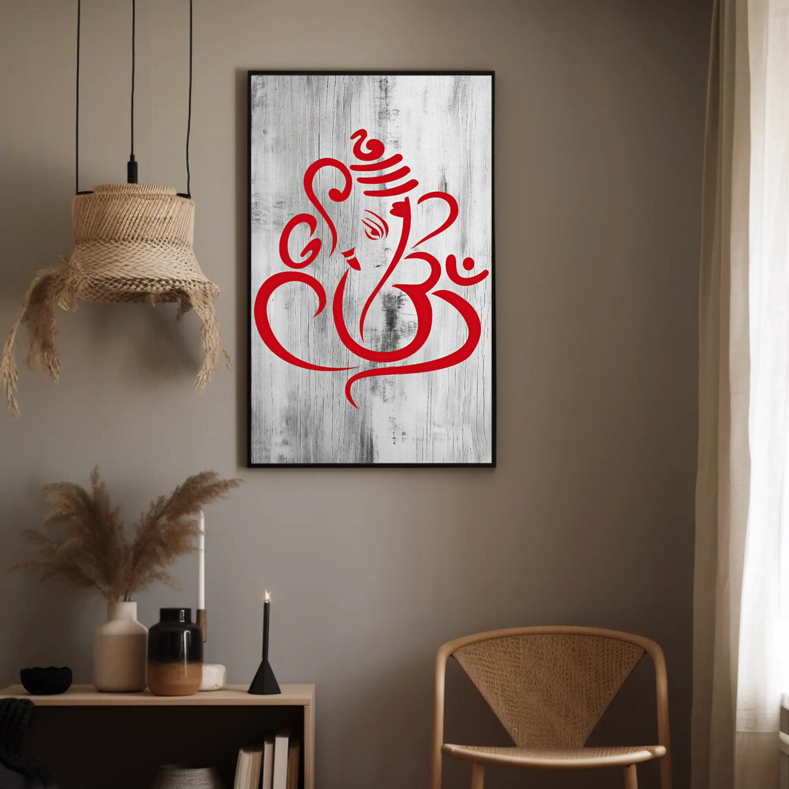 Red Lord Ganesha Line Art Minimalist Hindu Deity On Wood Poster - Image 5