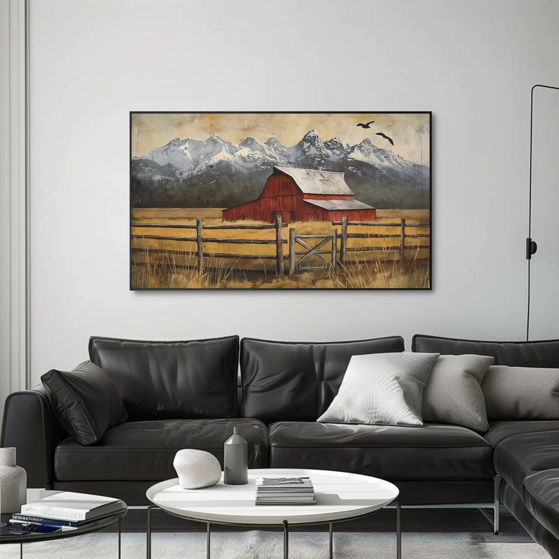 Red Barn In Golden Field Under Snowcapped Peaks Farm Art Poster - Image 5