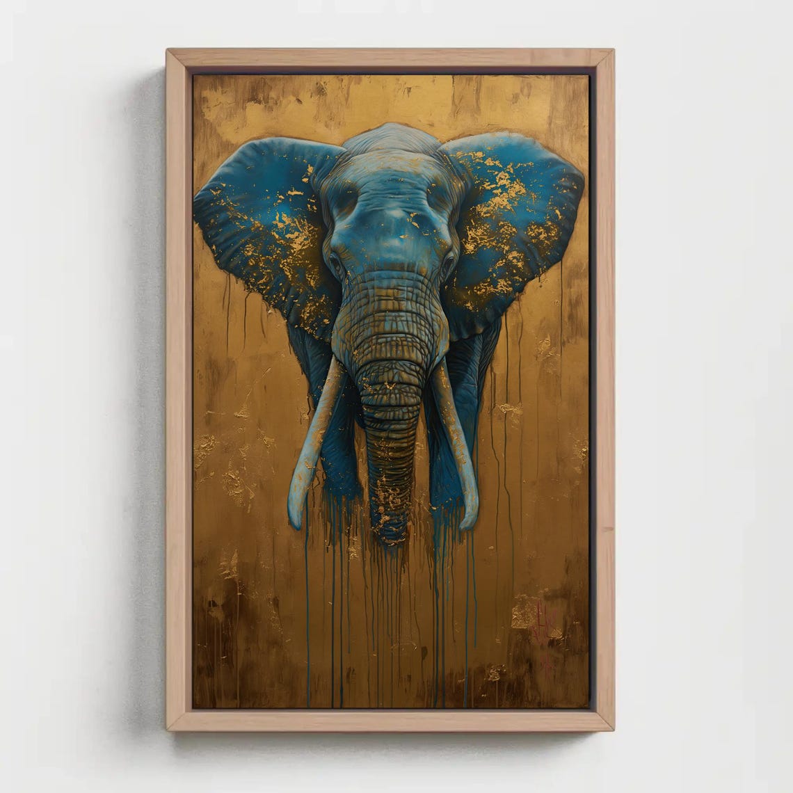 Blue Elephant Head On Gold Leaf Abstract Wildlife Art Poster - Image 3