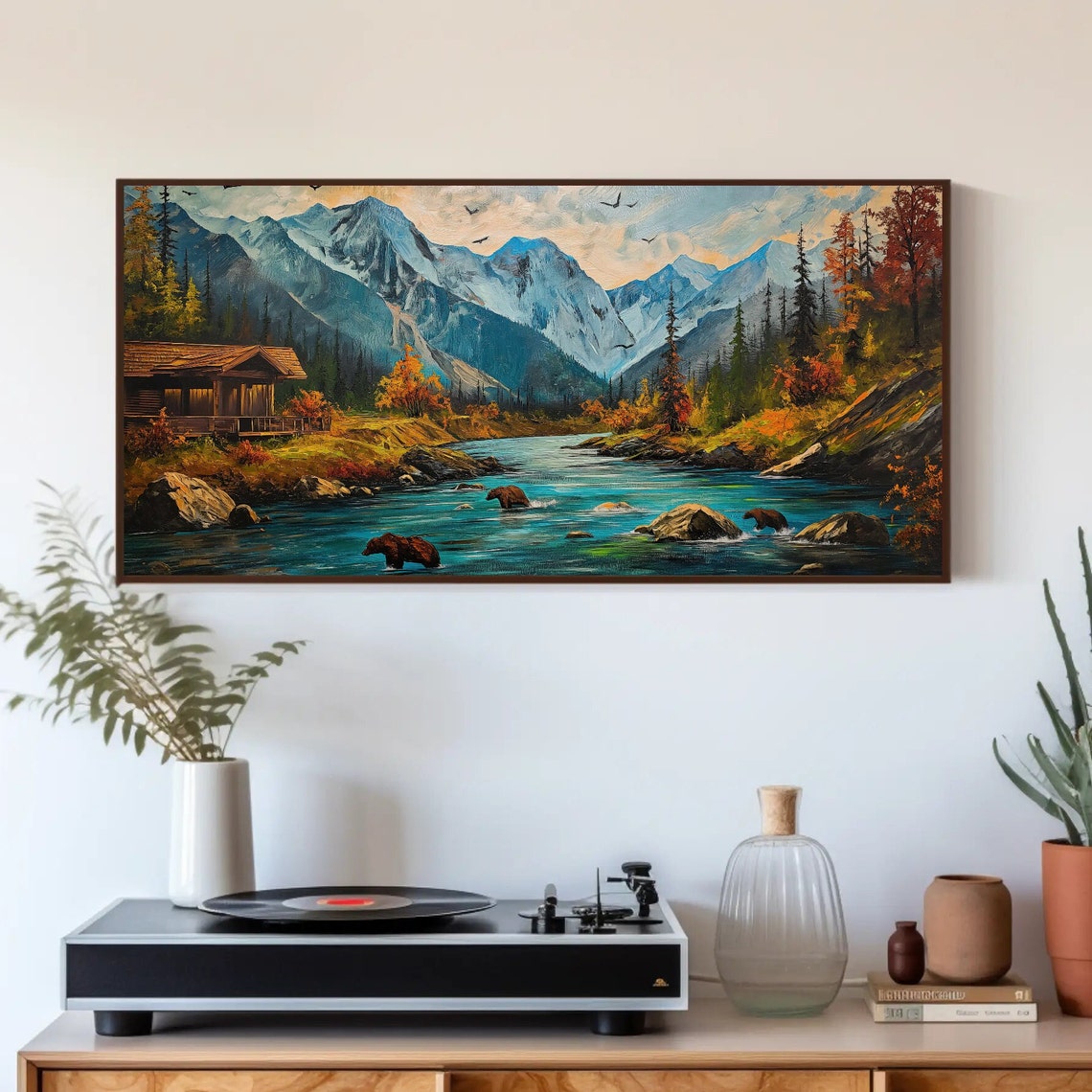 Bears Fishing in Mountain River Autumn Wilderness Painting Poster