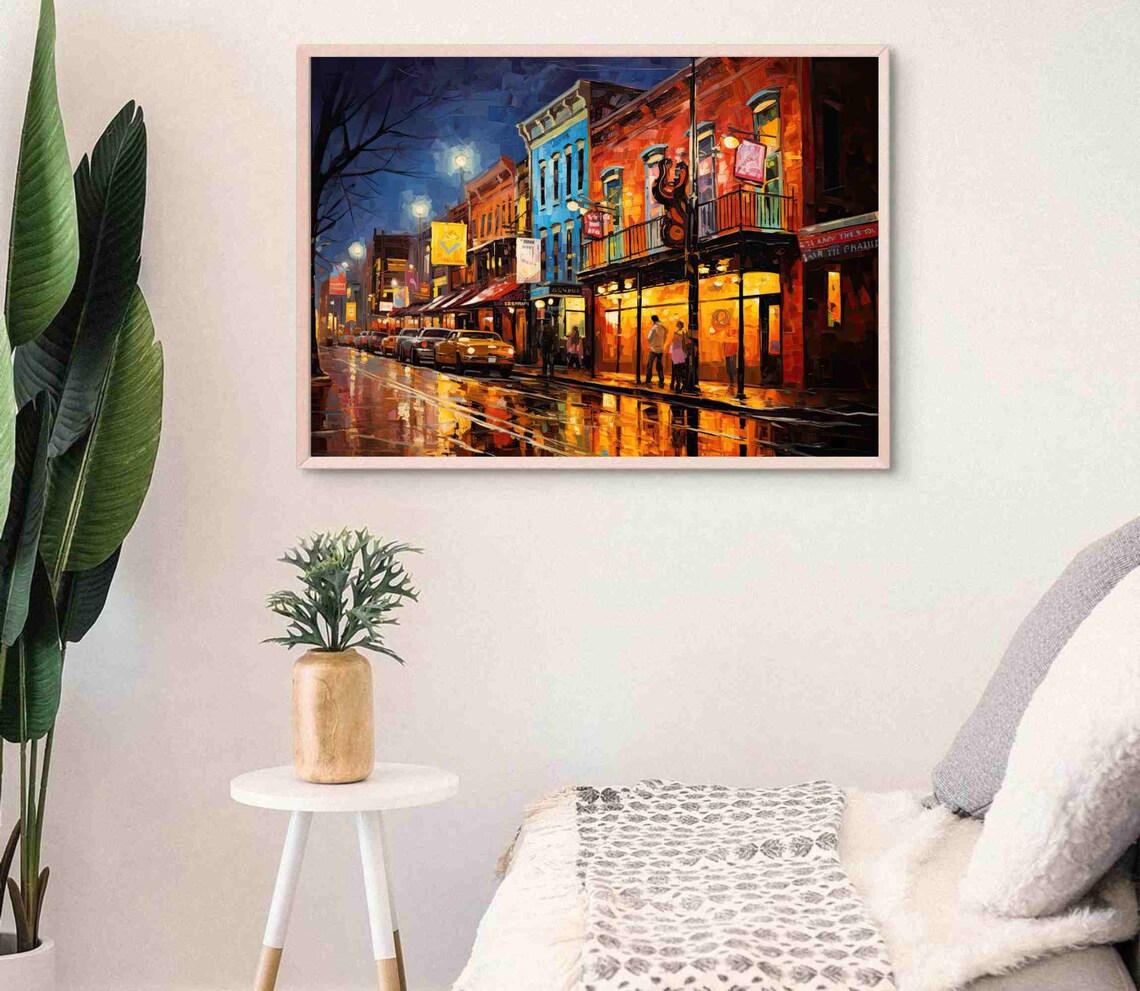 Rainy Honky Tonk Row Night Street Neon Lights City Art Poster - Image 4