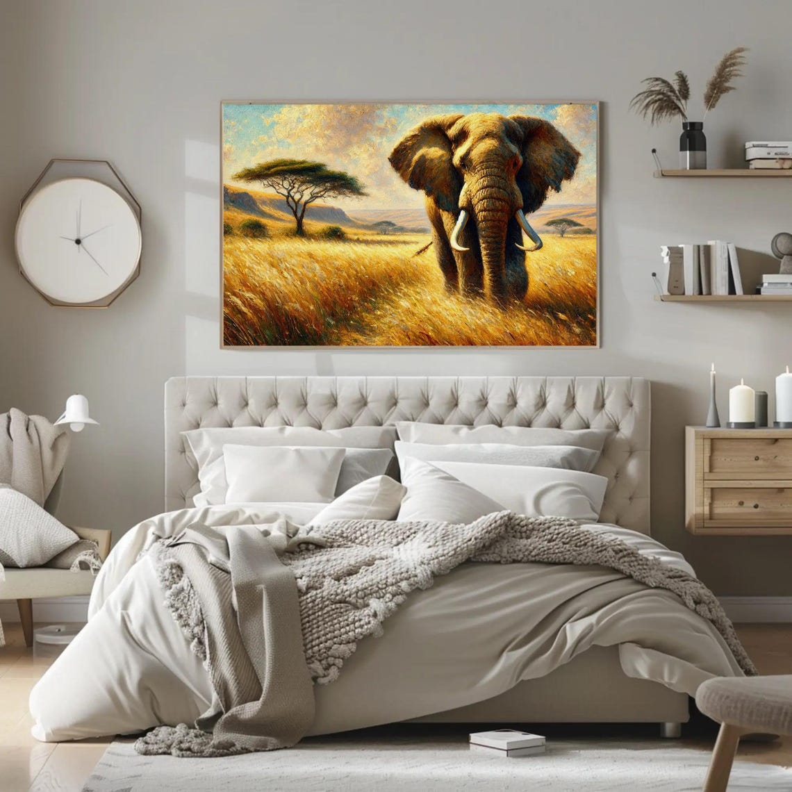 African Elephant In Golden Grassland Wildlife Painting Poster - Image 2