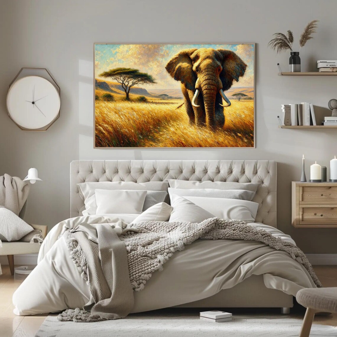 Majestic Elephant In A Golden Grassland Print Wildlife Oil Painting Rustic African Wall Art Living Room Bedroom Ready To Hang - Image 2