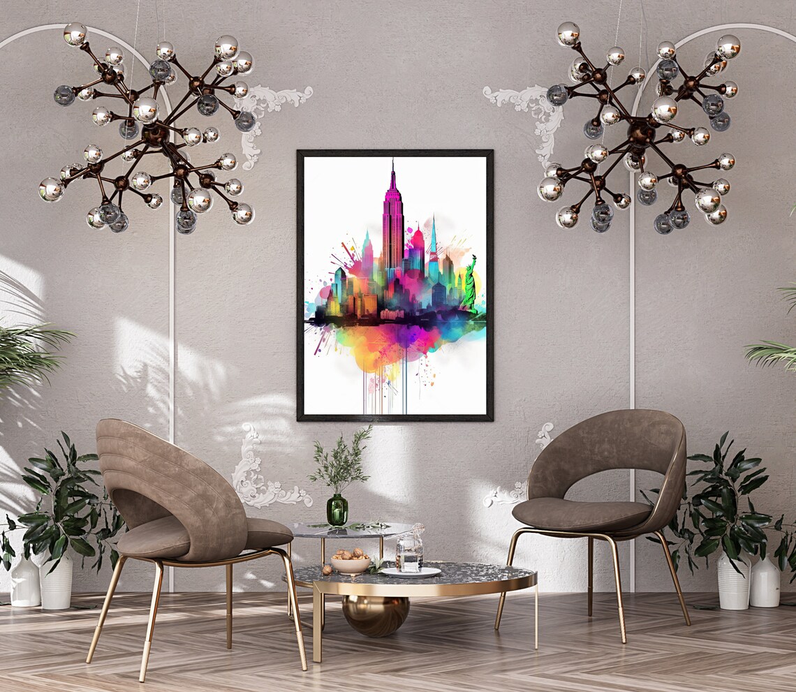 New York City Skyline Watercolour With Statue of Liberty Poster - Image 4