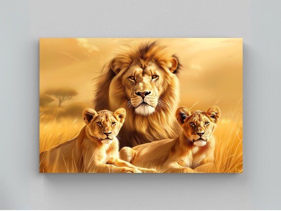 Majestic Lion Resting With Two Cubs In Golden Savanna Poster