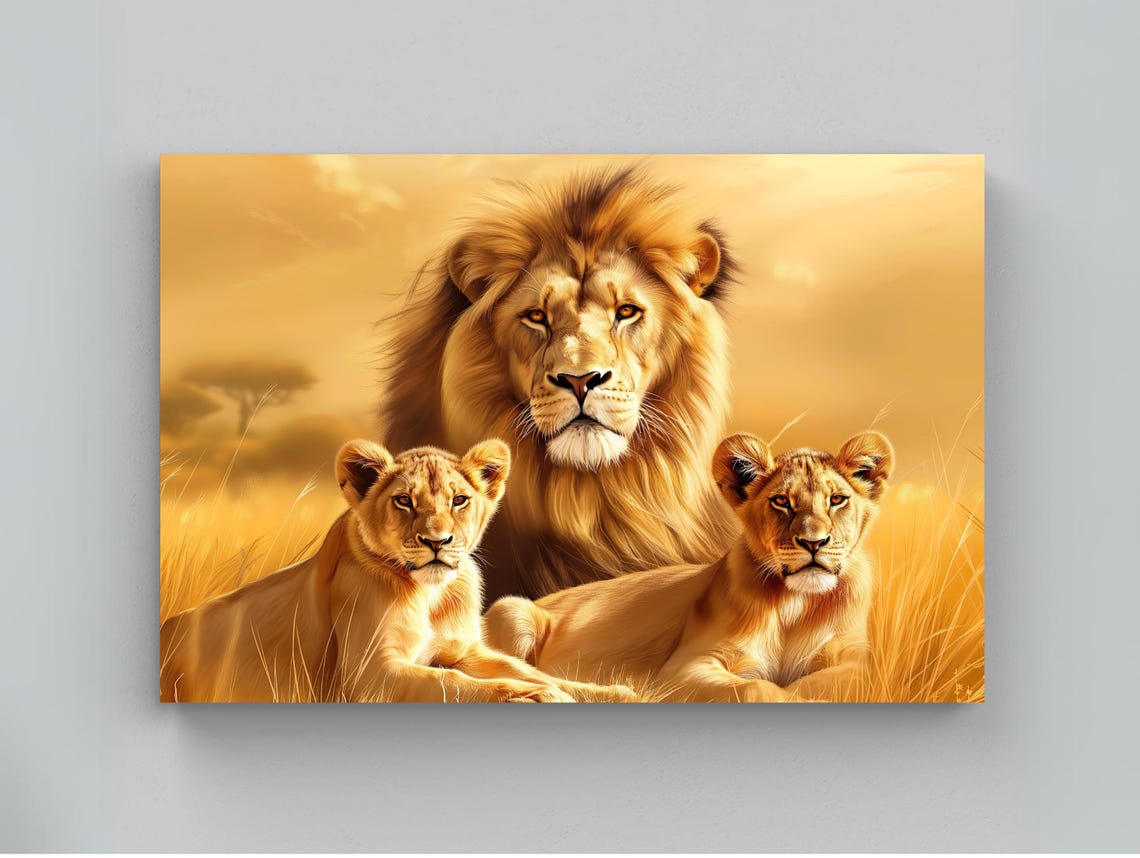 Lion Of The Savannah With Cubs Oil Painting Print Wildlife Wall Art Majestic African Landscape Decor Family Of Lions Artwork