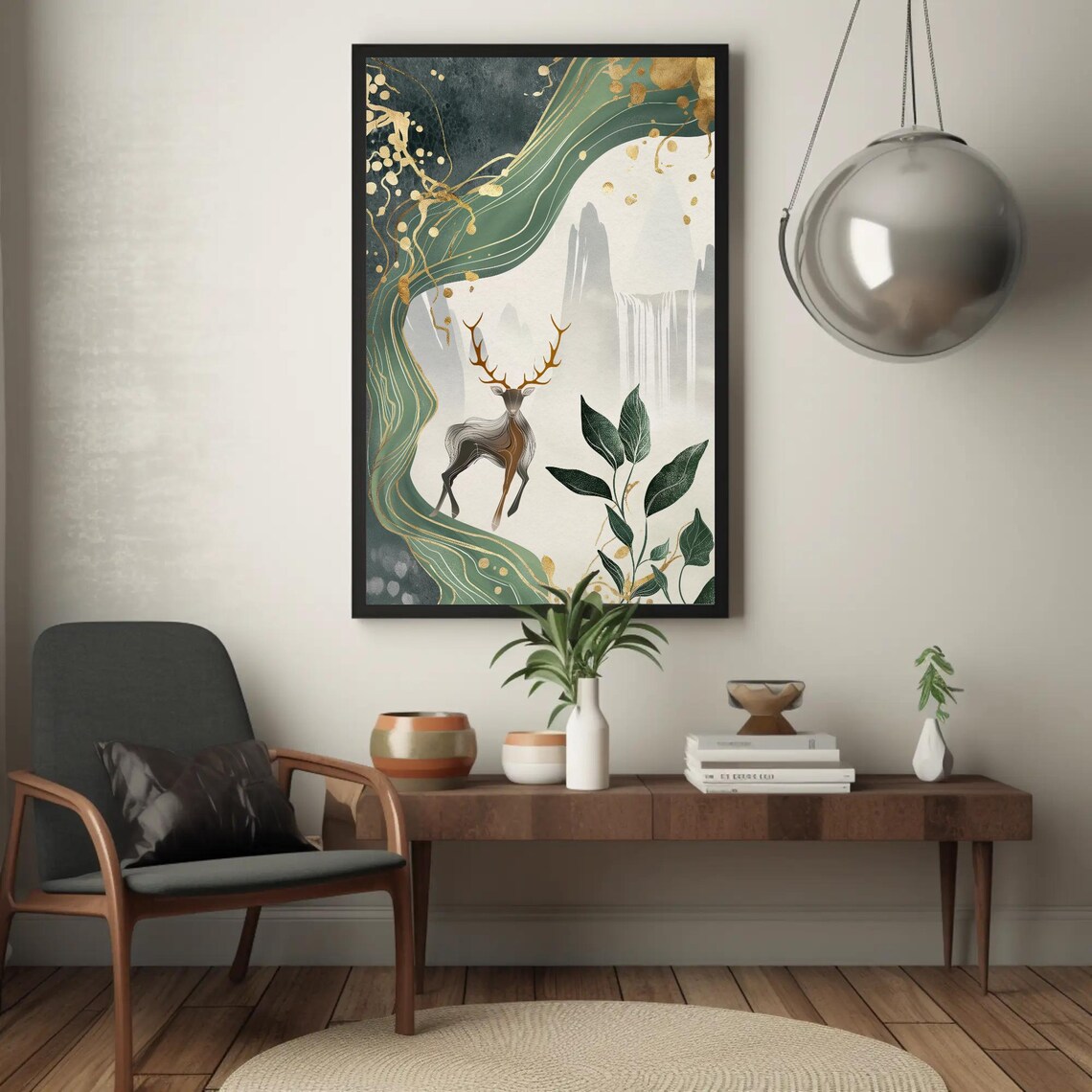 Majestic Stag By Waterfall Green And Gold Asian Style Poster - Image 5
