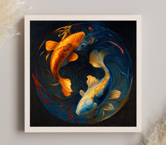 Yin And Yang Style Koi Fish Painting Abstract Art Koi Fish Wall Art Fish Paintings Koi Fish Print Modern Wall Art Decor