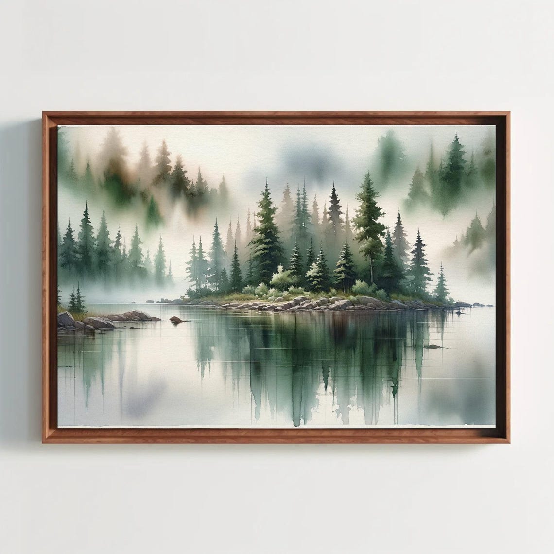 Misty Lake With Pine Island Reflection Watercolor Nature Poster