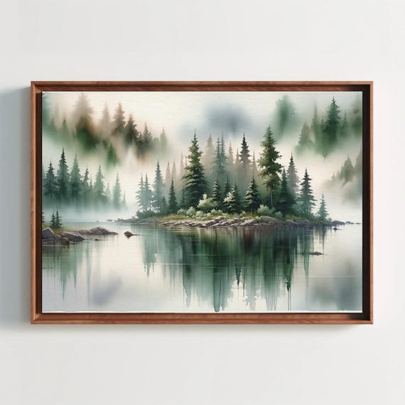Misty Lake Watercolor Painting Farmhouse Wall Art Cabin Decor Rustic Wall Art Nature Painting Framed Cozy Forest Art Ready To Hang