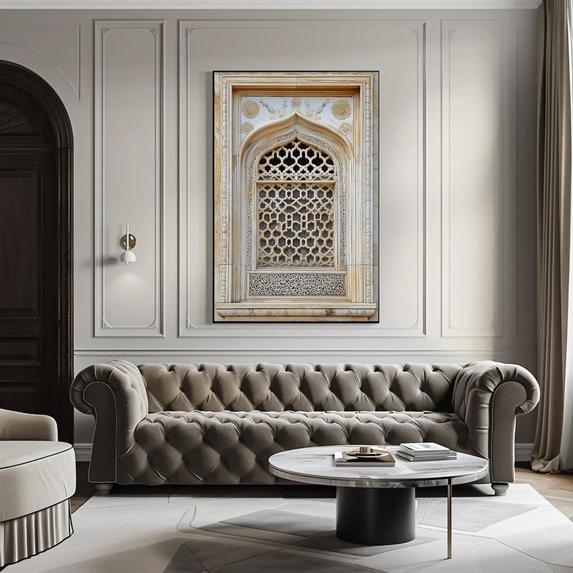 White Marble Jaali Window with Mughal Latticework Detail Art Poster - Image 3